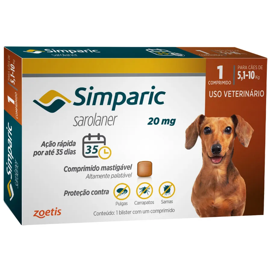 Antipulgas Simparic para Cães de 5,1 a 10 Kg (20 mg) 1und