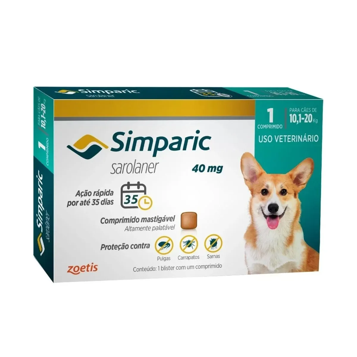 Antipulgas Cães Simparic 40Mg 10,1 À 20Kg Zoetis